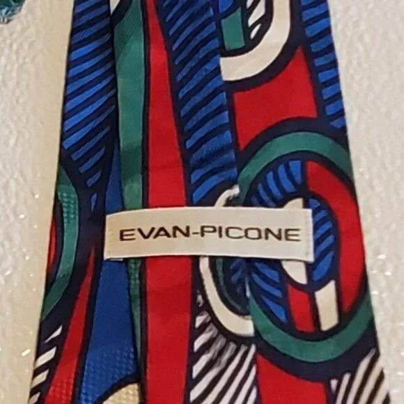 Evan-Picone Mens 100% Silk Geometric Pattern Tie Red/Green/Blue - Picture 4 of 4